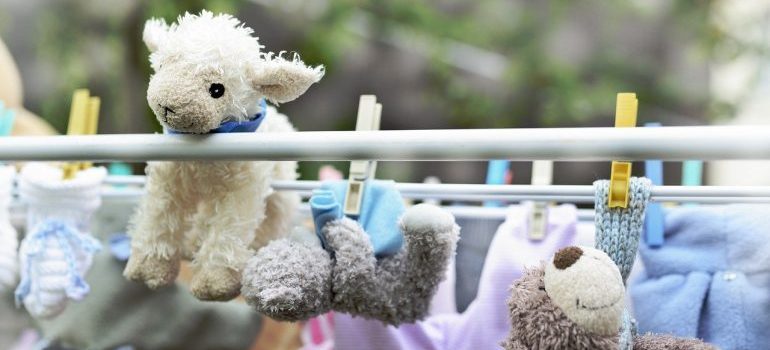 Stuffed toys hanging on a clothing line