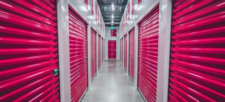 Storage unit with pink doors.
