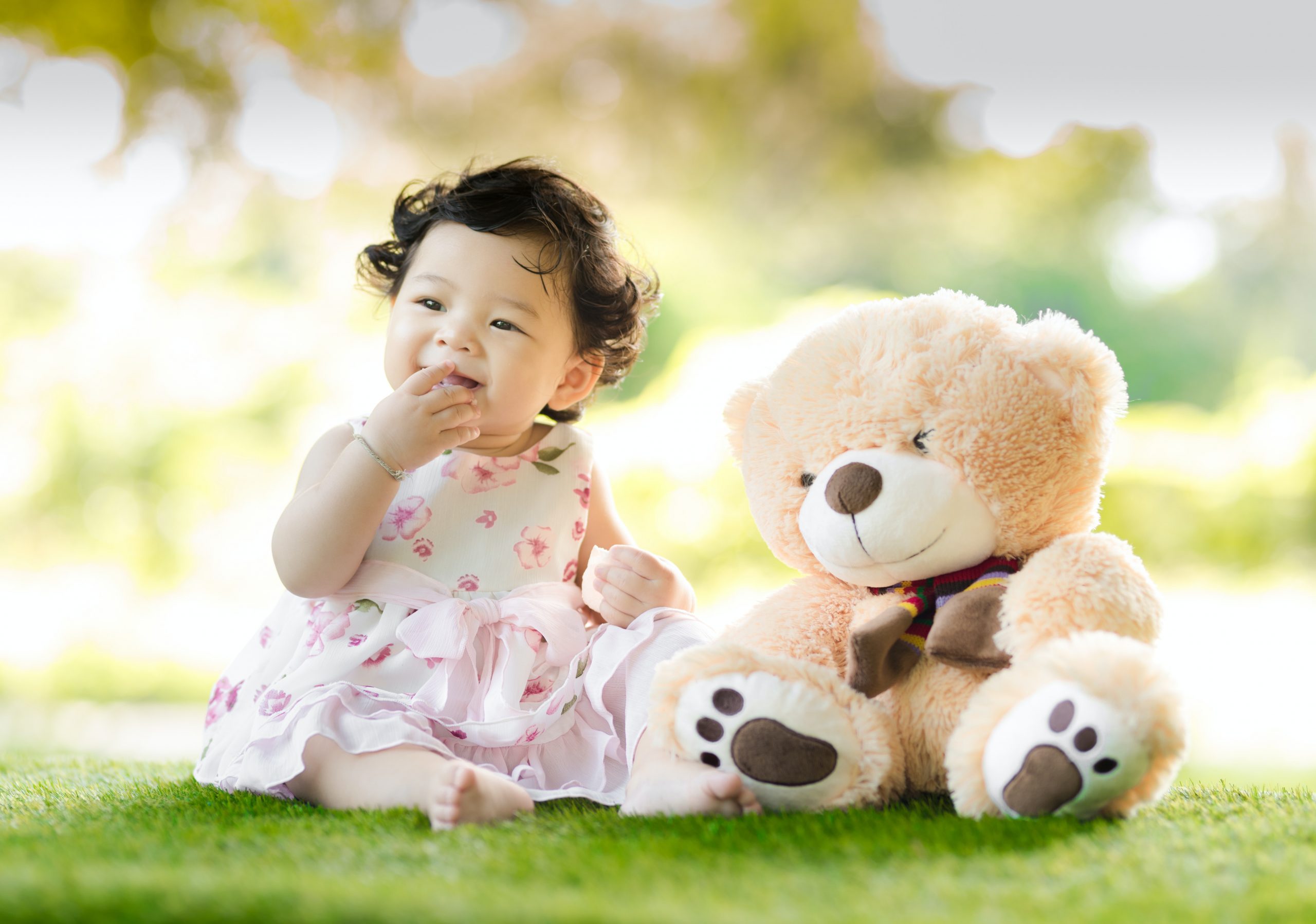 Baby girl in a pink dress and her teddy bear